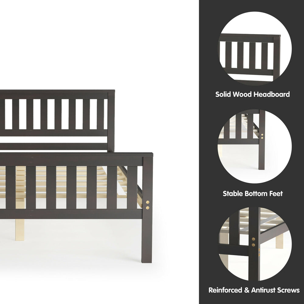 Full size wood platform bed with solid wood headboard and stable bottom feet, perfect for bedroom or apartment use.