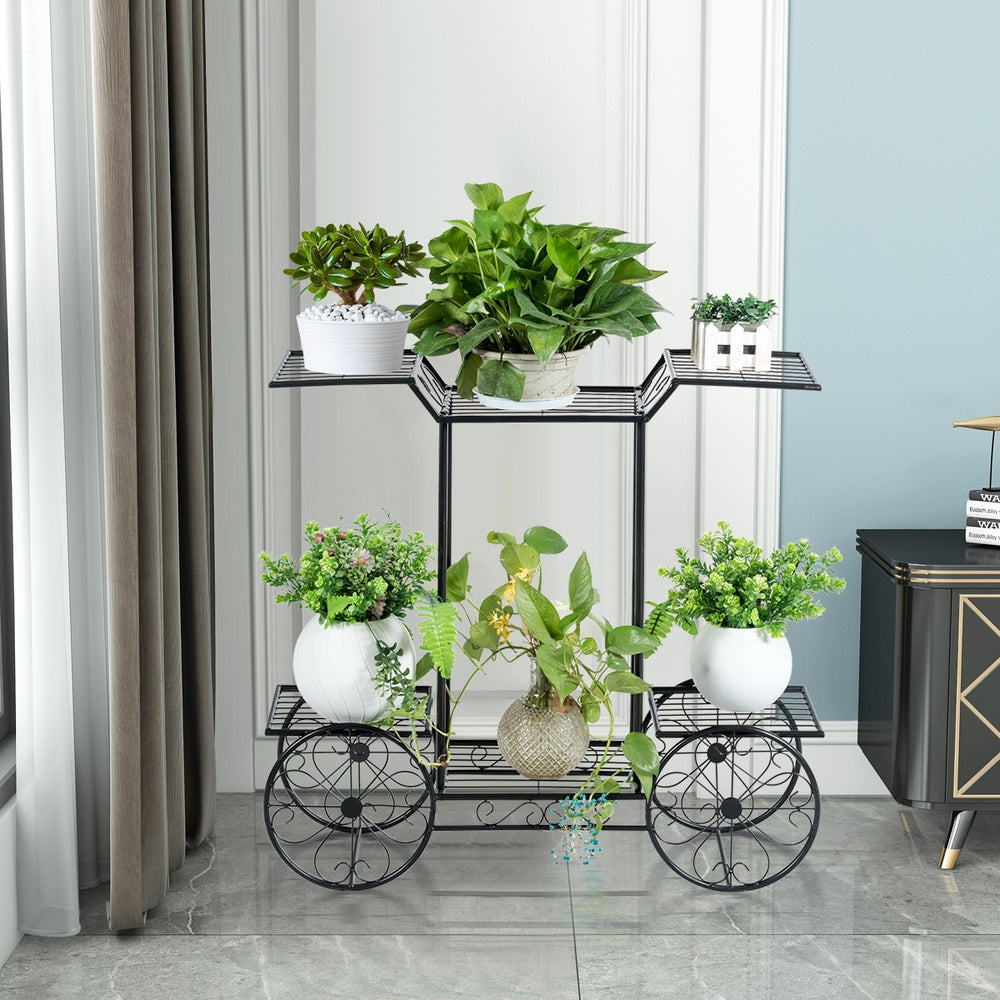 6-tier garden cart flower rack in black, showcasing plants, ideal for indoor or outdoor decor and storage.
