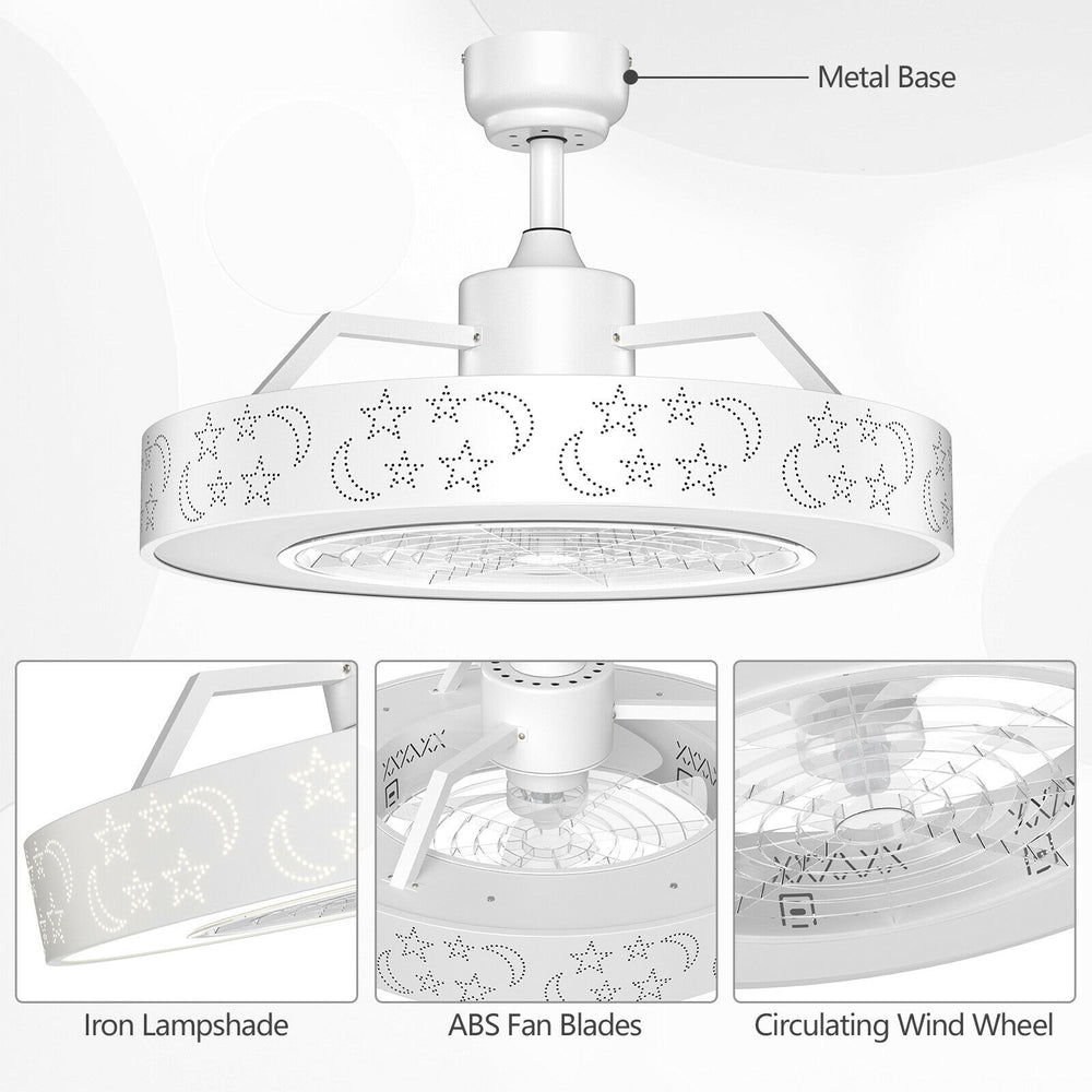 23-inch white ceiling fan with starry lampshade, LED light, remote control, and 3 adjustable wind speeds for home use.