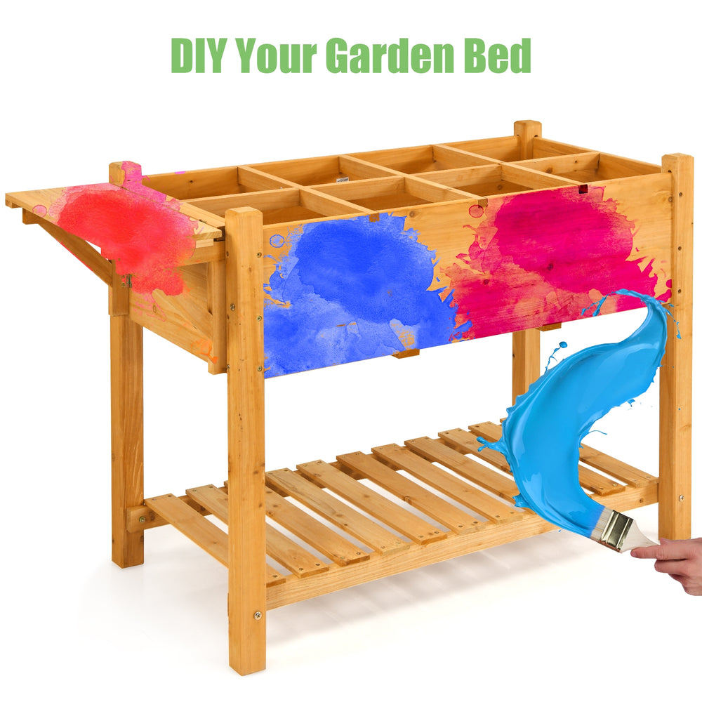 Elevated planter box kit made of durable fir wood with 8 grids, ideal for gardening on patios or balconies.