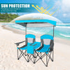 Portable folding camping canopy chairs in blue with adjustable sunshade and cup holders, perfect for outdoor relaxation.