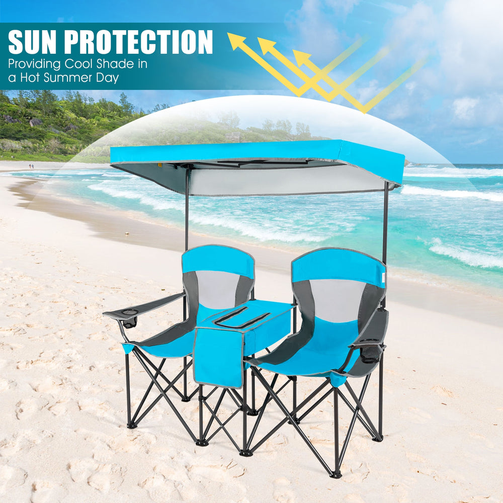 Portable folding camping canopy chairs in blue with adjustable sunshade and cup holders, perfect for outdoor relaxation.