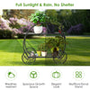 Two-tier heavy duty metal flower cart plant stand with weather-resistant coating for displaying potted plants outdoors.