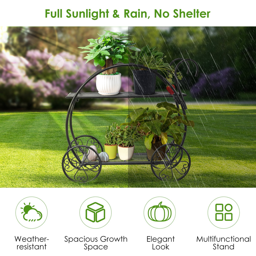 Two-tier heavy duty metal flower cart plant stand with weather-resistant coating for displaying potted plants outdoors.