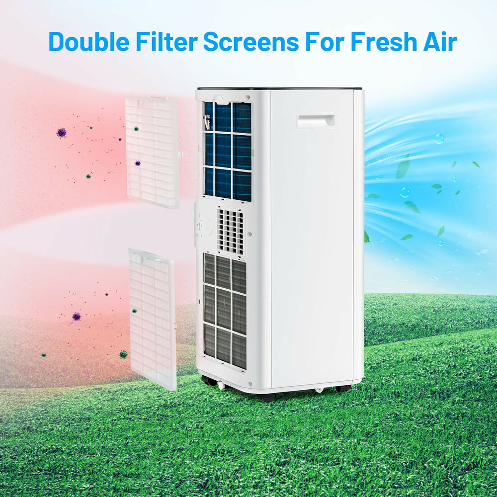 Portable air conditioner with double filter screens, 10000 BTU, for fresh air and versatile cooling options.