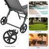 Patio lounge chair with wheels in gray, featuring adjustable backrest and neck pillow, ideal for poolside relaxation.