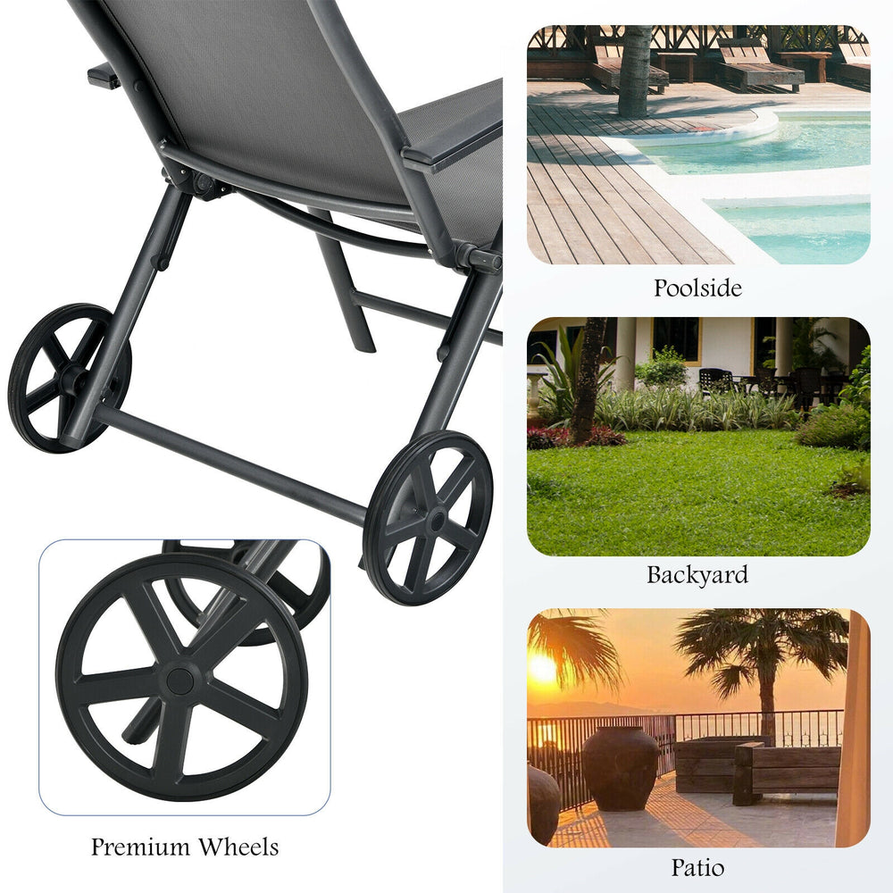 Patio lounge chair with wheels in gray, featuring adjustable backrest and neck pillow, ideal for poolside relaxation.