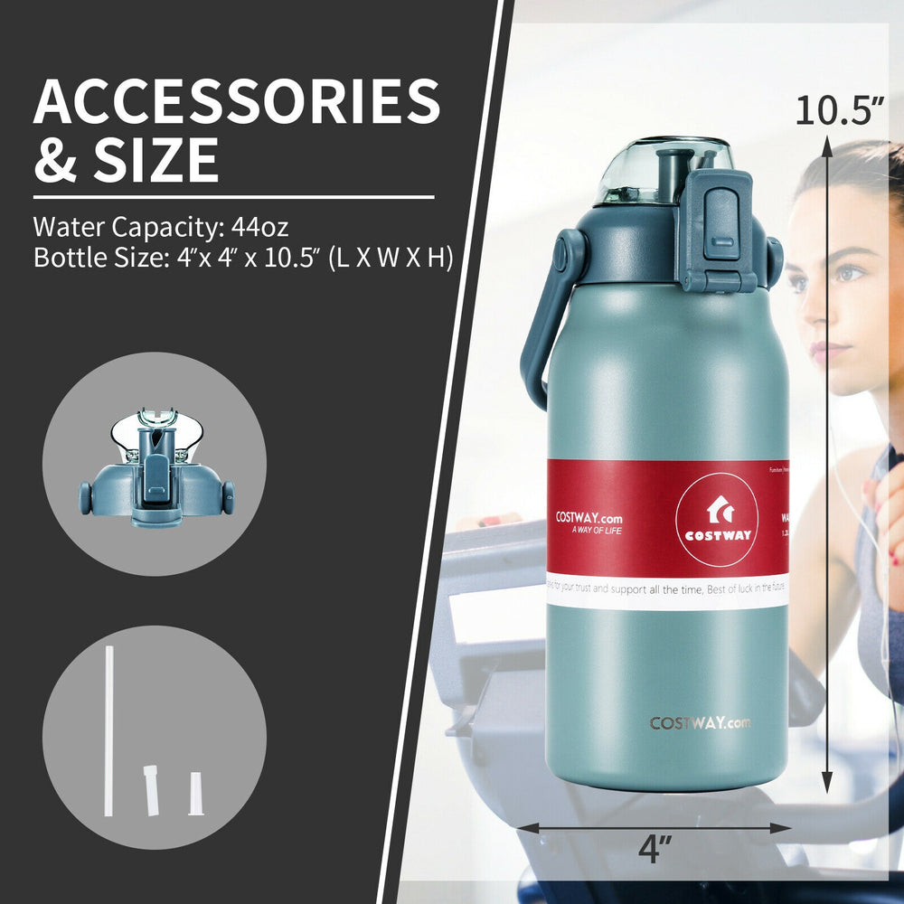 Gray 44oz vacuum insulated stainless steel sports water bottle with flip top lid and removable straw, ideal for outdoor.
