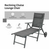 Gray patio reclining chaise lounge chair with adjustable neck pillow and sturdy aluminum frame for outdoor relaxation.