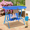 Outdoor kids patio swing bench with canopy, blue metal frame, puppy pattern, suitable for ages 3 to 5, perfect for.