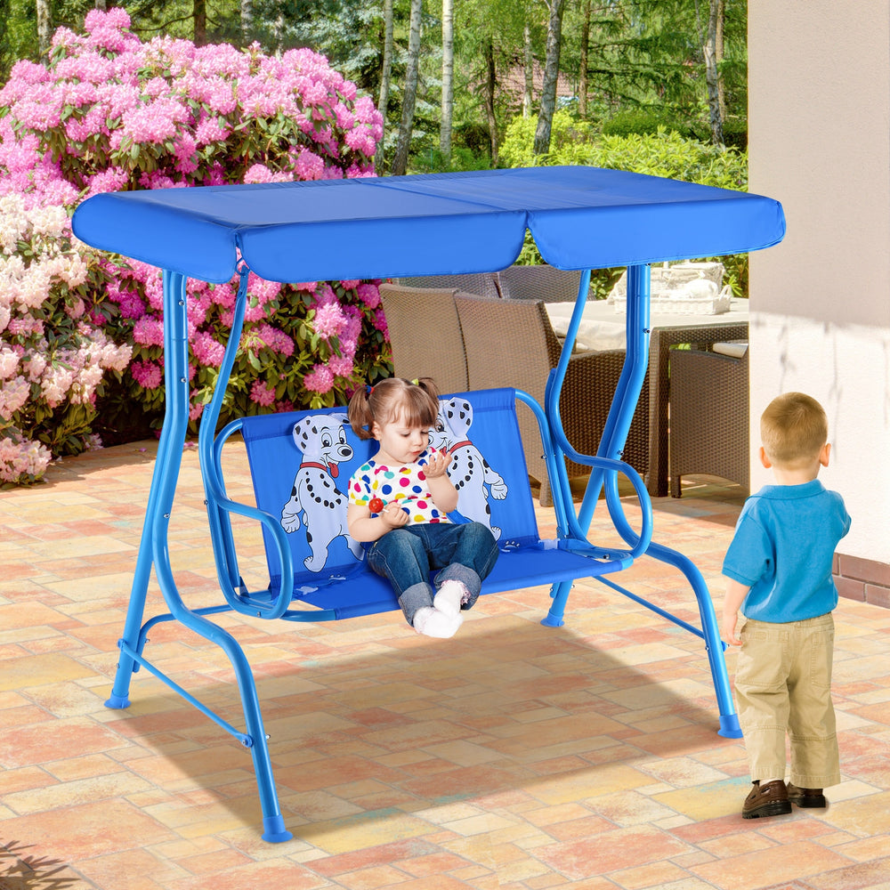 Outdoor kids patio swing bench with canopy, blue metal frame, puppy pattern, suitable for ages 3 to 5, perfect for.