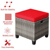 Red cushioned patio rattan wicker ottoman with durable PE rattan, ideal for outdoor use in gardens and backyards.