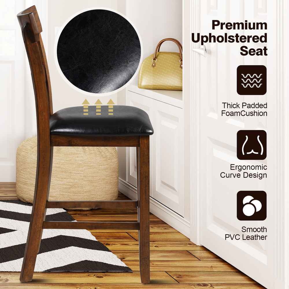 Counter height chair with ergonomic design, PVC leather seat, and rubber wood legs for comfort and elegance.