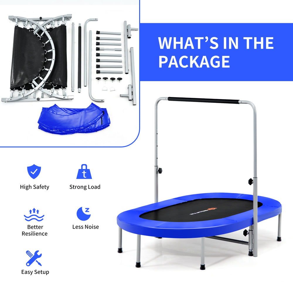 Foldable blue mini trampoline for kids with adjustable height, sturdy frame, and foam-padded handle for safety.