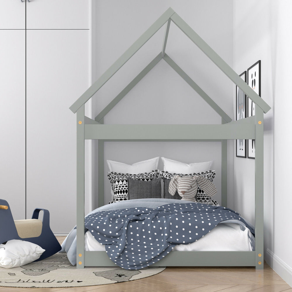 Gray kids platform floor bed with roof, sturdy wooden frame, and thick slats for stability, perfect for toddlers to.