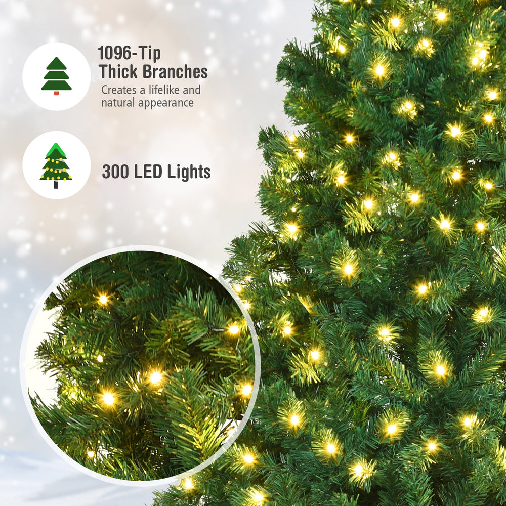7-foot PVC artificial Christmas tree with 300 warm white LED lights and thick branches for a realistic look.