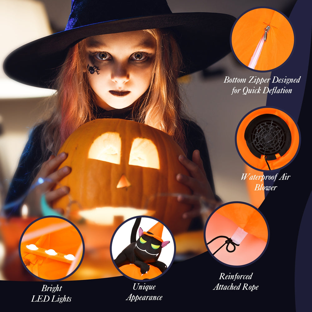 7.5 feet inflatable pumpkin combo with witch black cat, featuring orange LED lights and quick deflation zipper for.