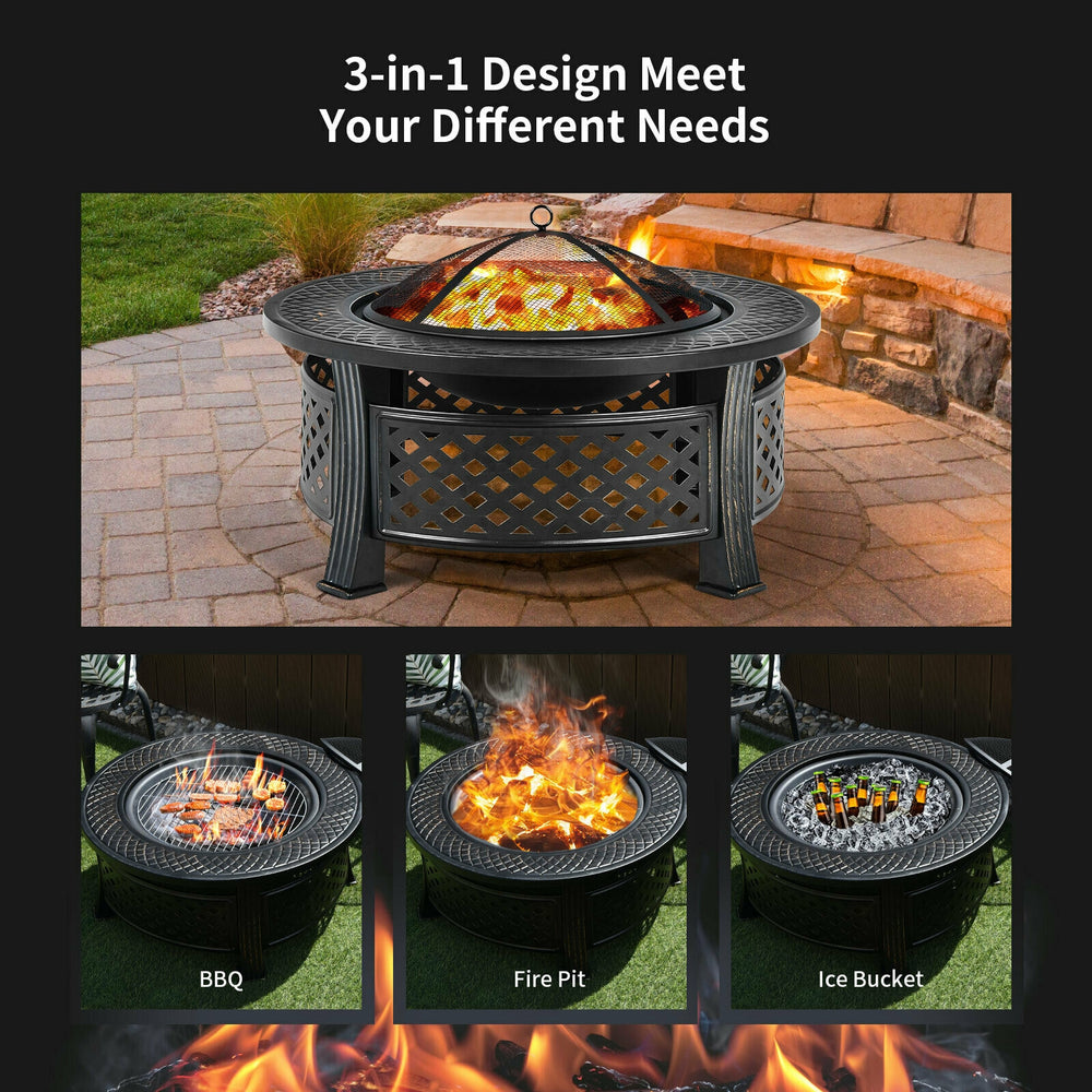 Outdoor fire pit with BBQ grill, high-temp finish, mesh cover, ideal for backyard gatherings and versatile use.