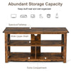 3-tier wood TV stand in brown with open shelves, X-shaped frame, and cable management for organized living room storage.