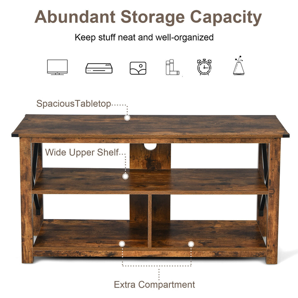 3-tier wood TV stand in brown with open shelves, X-shaped frame, and cable management for organized living room storage.