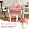 Kids vanity dressing table set in pink with a 360-degree mirror, matching stool, and anti-toppling device for safety.
