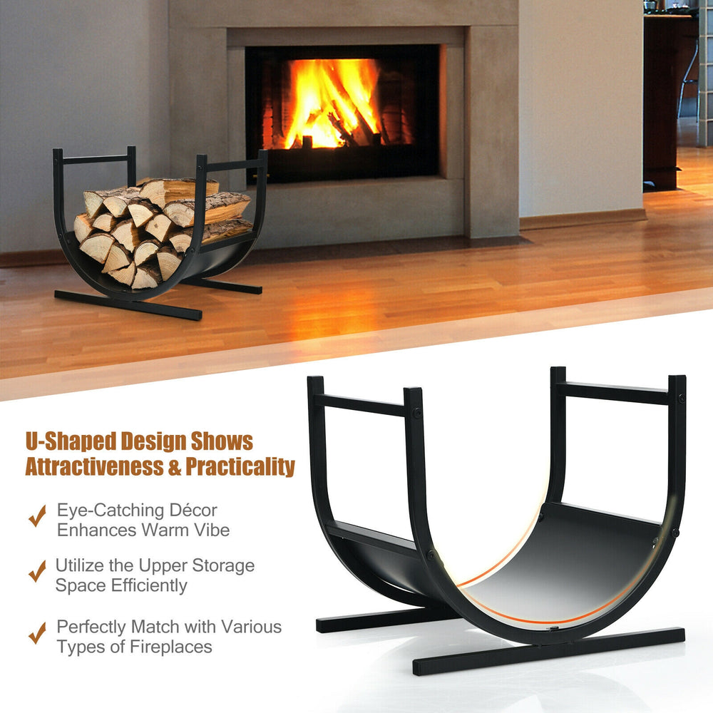 U-shaped 17-inch firewood rack in black steel, designed for efficient wood storage and display in various spaces.