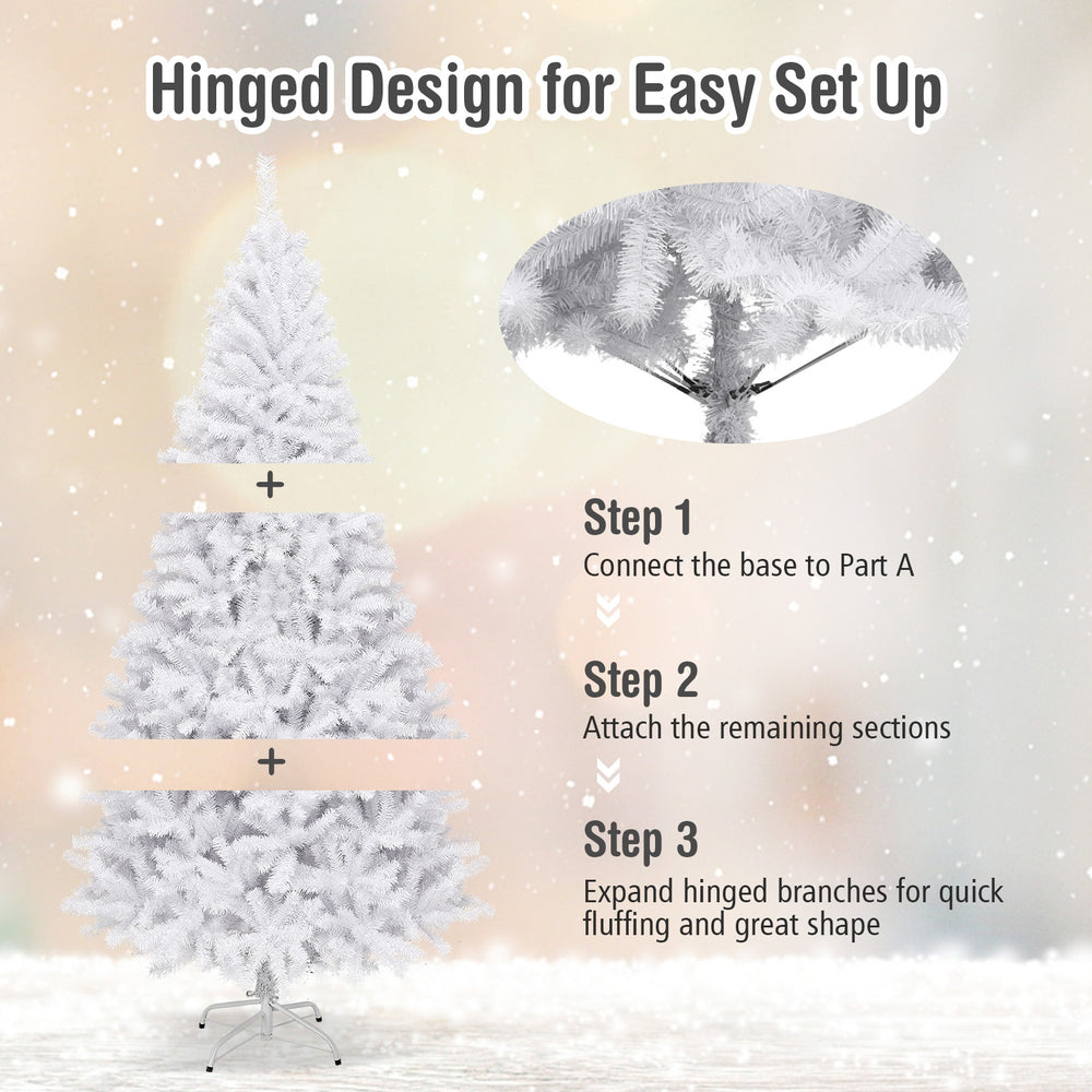 Hinged sections of a 7.5 ft artificial Christmas tree with PVC material and metal stand for easy assembly and.