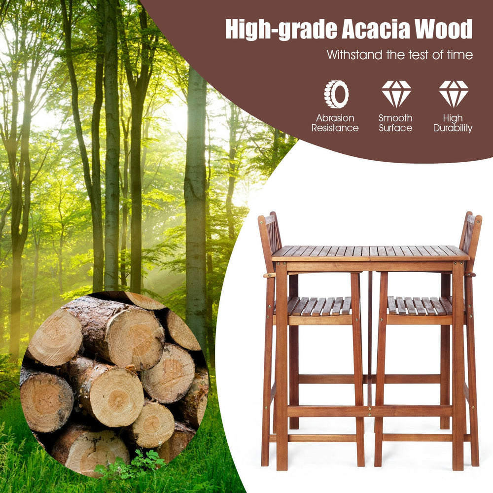 3-piece acacia wood patio bar set featuring a spacious table and comfortable stools with sunflower-patterned backrest.