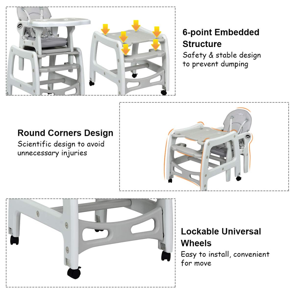 3-in-1 baby high chair in gray with lockable wheels, adjustable seat, and removable trays for easy cleaning and use.