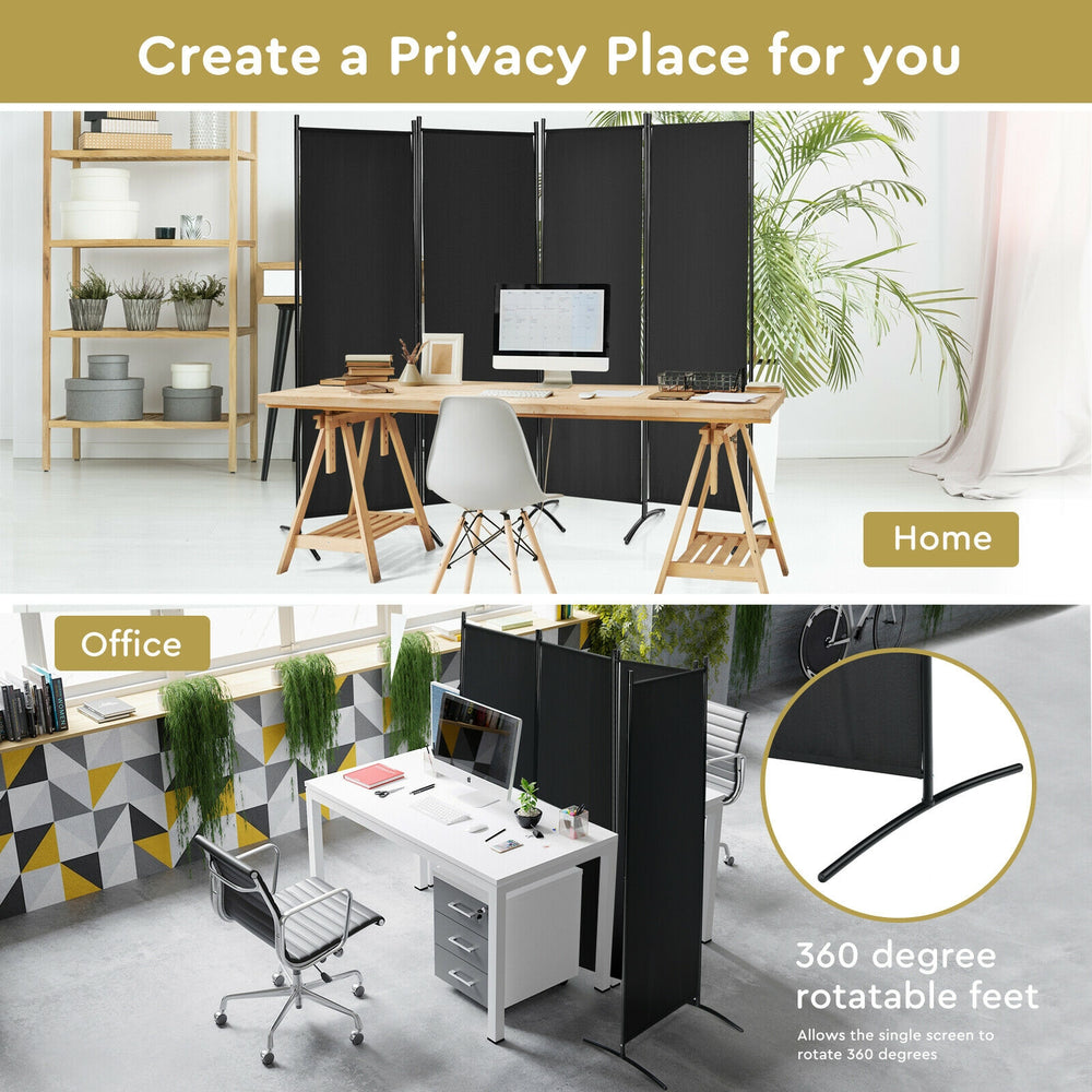 4-panel room divider in black with a sturdy steel frame, ideal for creating privacy in home or office settings.