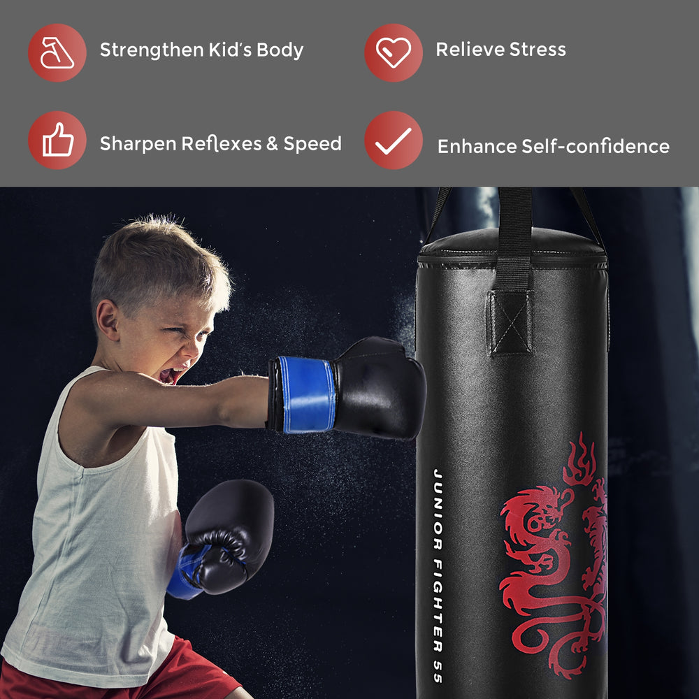Kids boxing set featuring a punch bag and gloves, designed for fitness and skill development for children over 5 years.