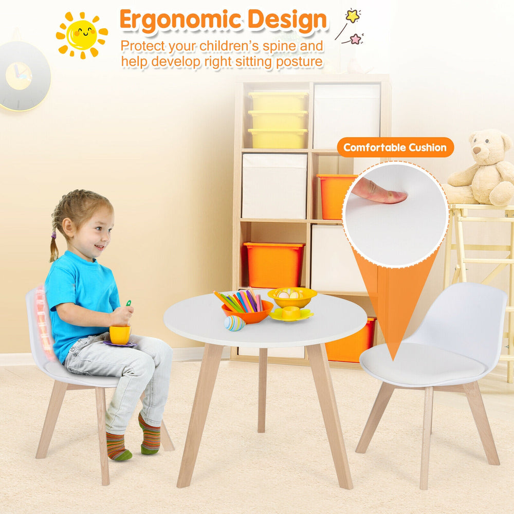 Kids activity play table with two chairs, ergonomic design, beech legs, and comfortable cushion for safe playtime.