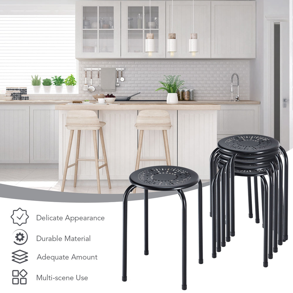 Set of 6 black stackable metal stools with daisy design, ideal for indoor and outdoor use, featuring a durable finish.