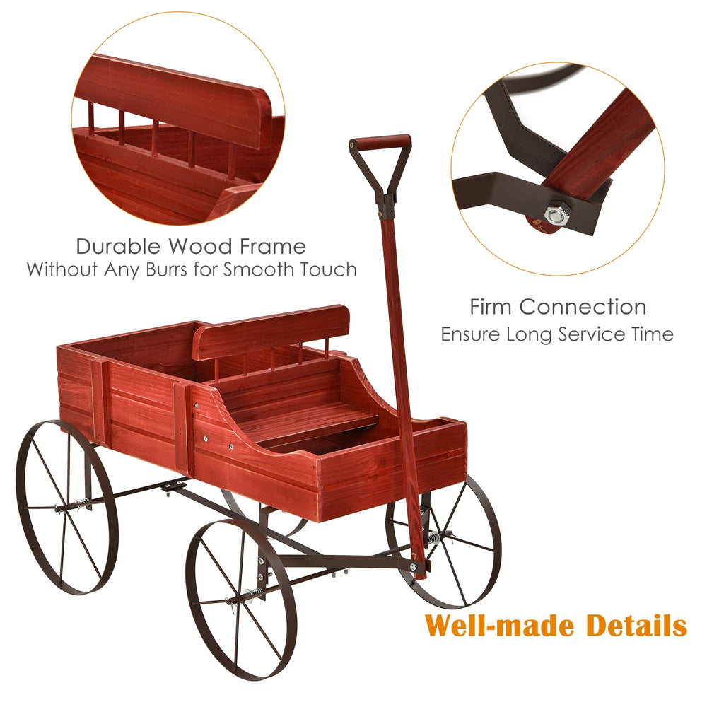 Wooden wagon plant bed in red with metal wheels and durable fir wood, ideal for garden or patio use.