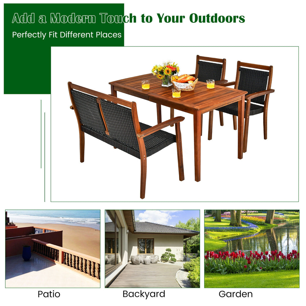 4-piece acacia wood patio dining set with rattan chairs, perfect for outdoor dining in garden or backyard.
