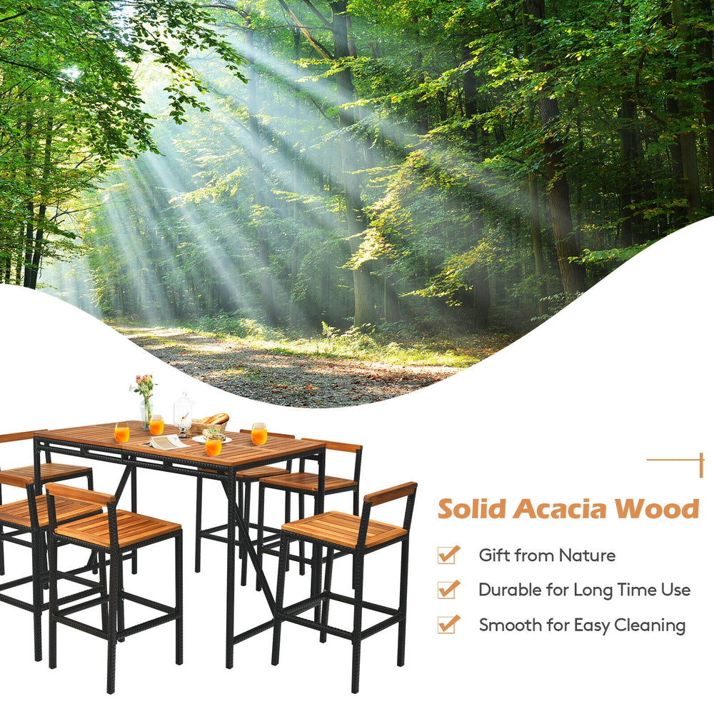 7-piece acacia wood patio bar set with 6 stools, featuring an umbrella hole, ideal for outdoor gatherings.
