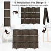 6-panel brown room divider with hand-woven fiber design and 2 display shelves, ideal for creating private spaces.