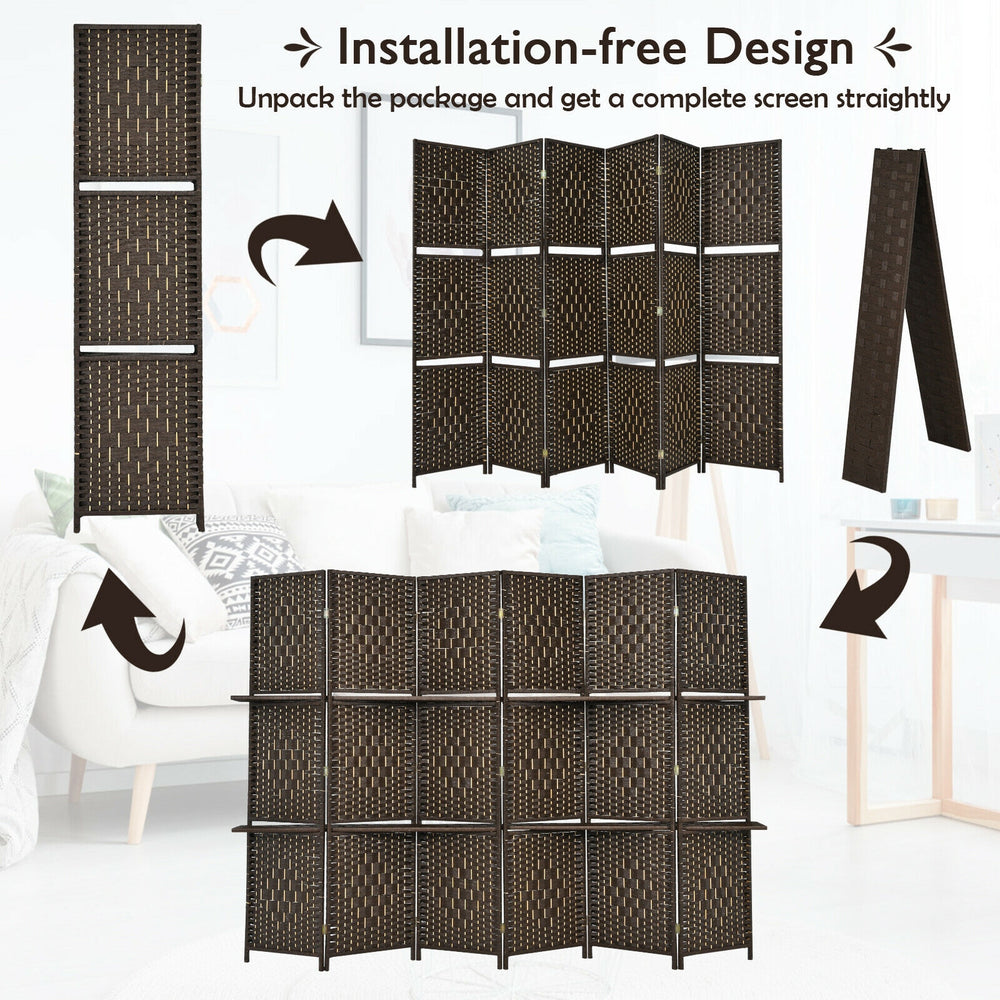 6-panel brown room divider with hand-woven fiber design and 2 display shelves, ideal for creating private spaces.