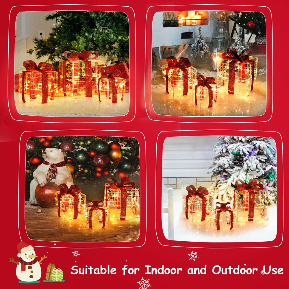 Three illuminated Christmas gift boxes with red bows, featuring 60 LED lights for festive indoor and outdoor decoration.