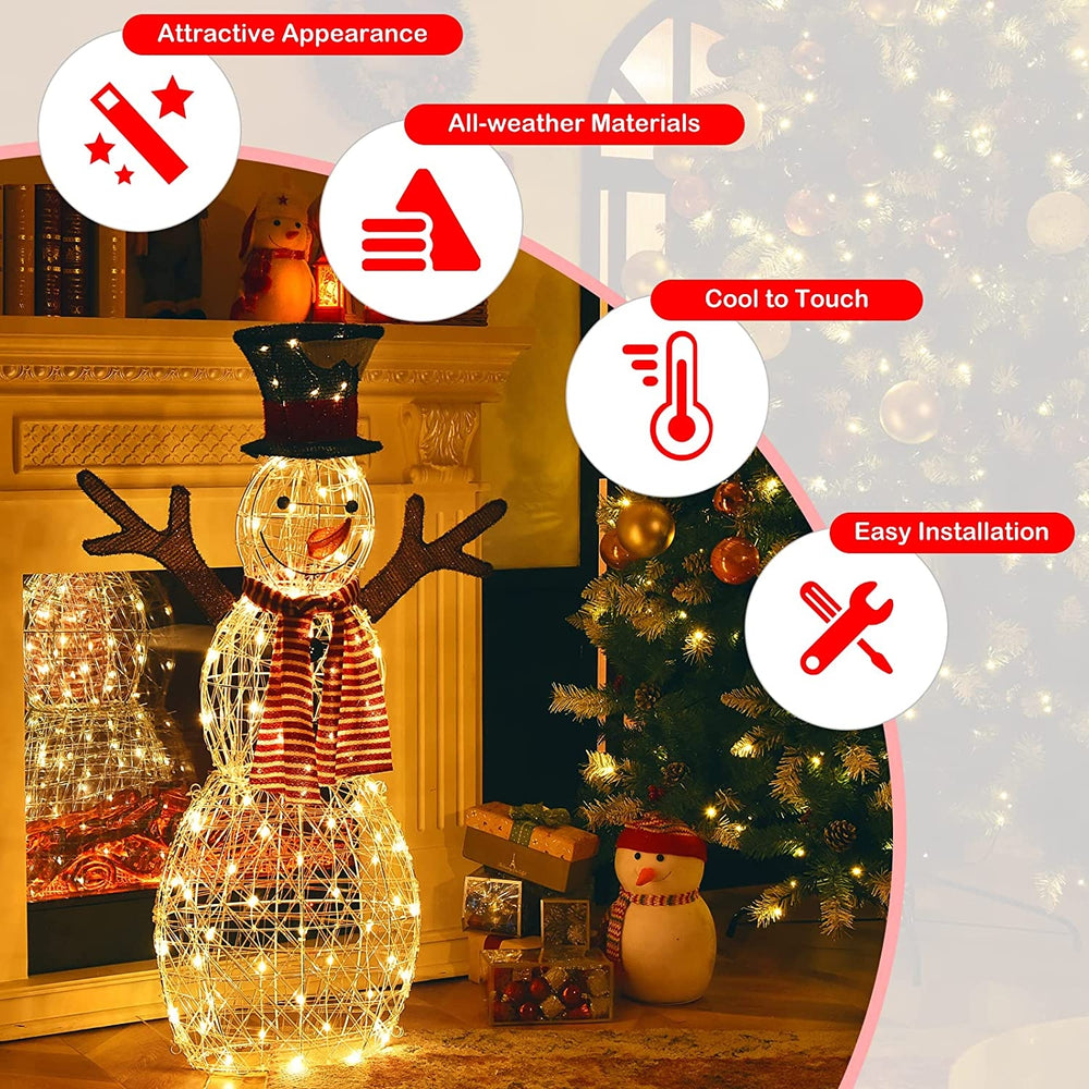 Lighted snowman decoration with 80 LED lights, waterproof tinsel, and anti-rust frame for festive indoor/outdoor use.