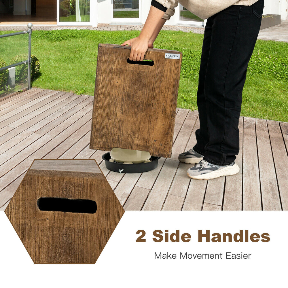 Outdoor hideaway table cover with rustic wood grain, side handles for easy movement, fits standard 20 lbs propane tank.
