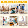 Wobble board in natural birch wood, showcasing various play options like bridge, rocker, and slide for kids and adults.