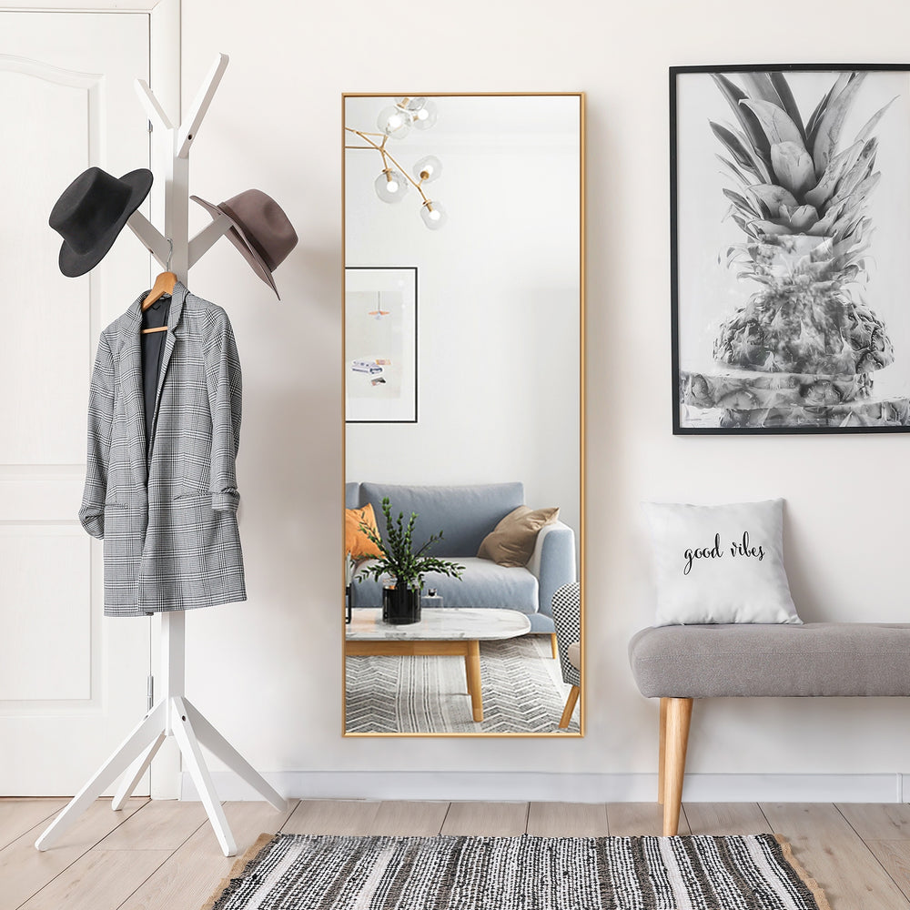 Full-length 59-inch rectangular mirror with a golden aluminum alloy frame, perfect for bedroom or entryway decor.