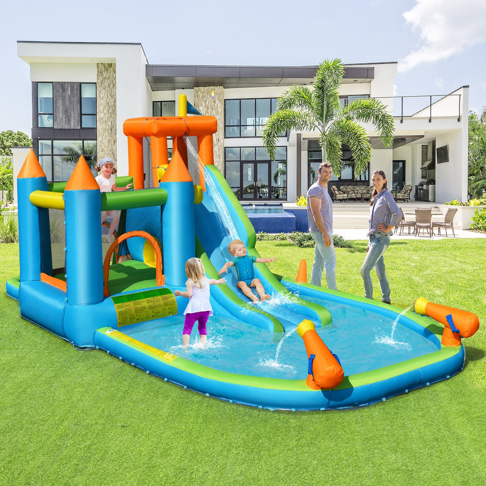 Inflatable water slide with bounce house and splash pool, featuring vibrant colors and fun water cannons for kids'.