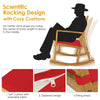 Patio acacia wood rocking chair with red cushion, featuring a sturdy design and cozy armrests for outdoor relaxation.
