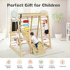 Wooden 8-in-1 indoor playground climbing gym for children, featuring a slide and climbing elements for physical skill.