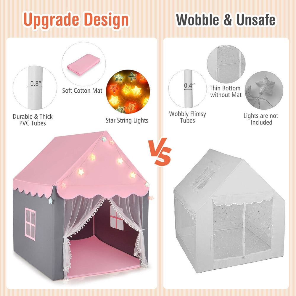 Kids playhouse tent in pink with star lights, soft cotton mat, and durable PVC tubes for safe indoor fun.