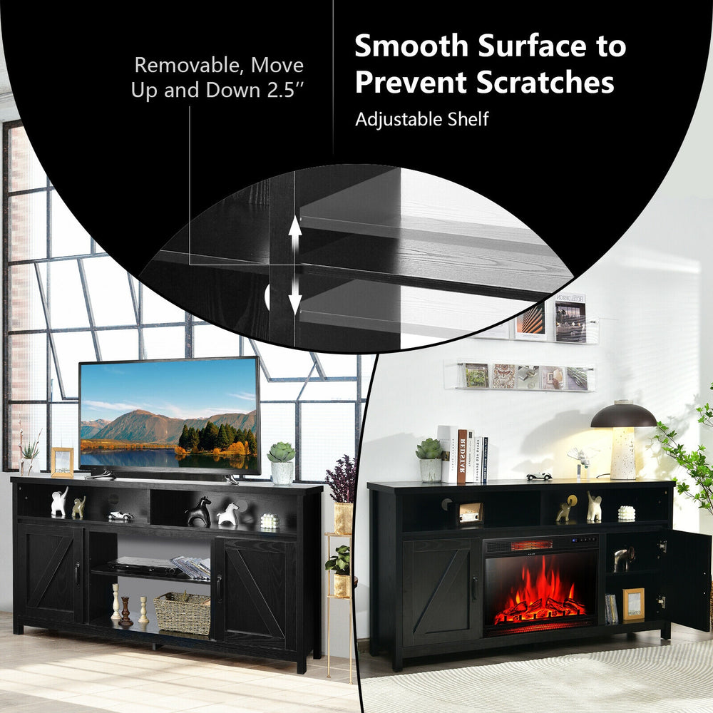Black 59-inch TV stand with adjustable shelves, open compartments, and barn doors for versatile storage in living.