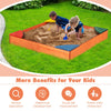 Kids outdoor wooden sandbox with built-in corner seating, made of cedar and pine, perfect for social skill development.