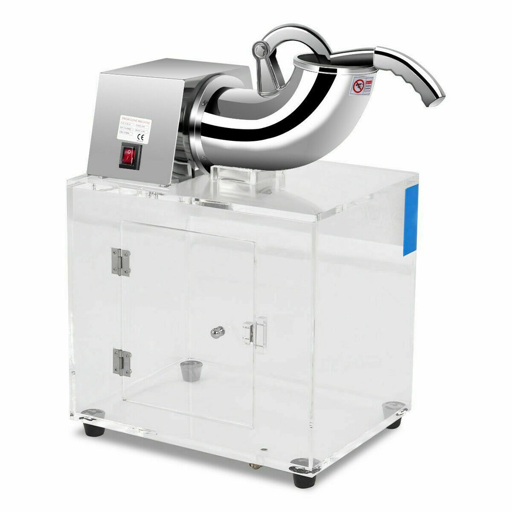 Electric snow cone machine with stainless steel construction and acrylic case, ideal for parties and gatherings.